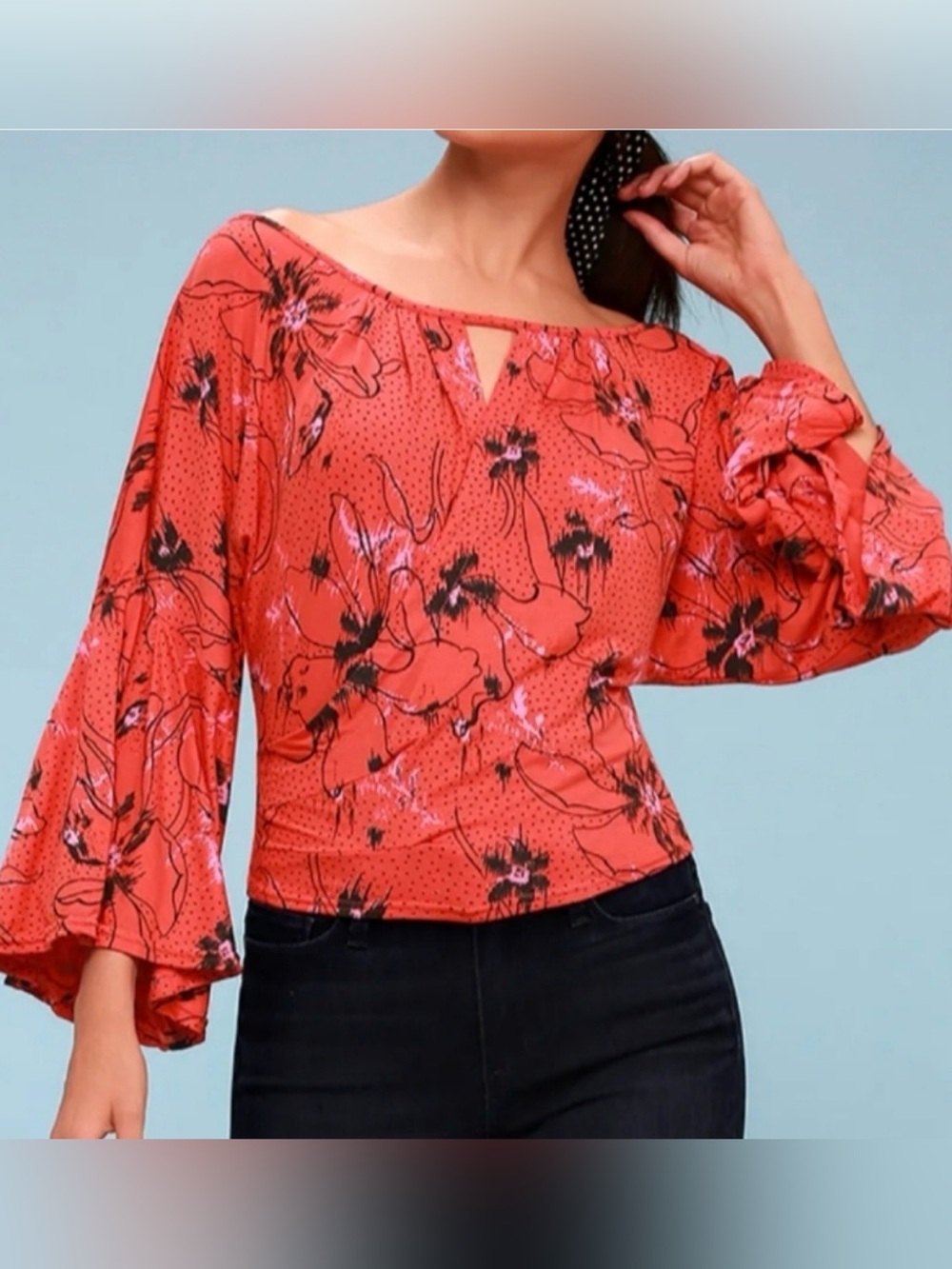 Free People - Last Time Orange Floral Surplice Bell Sleeve Crop Top Size Small